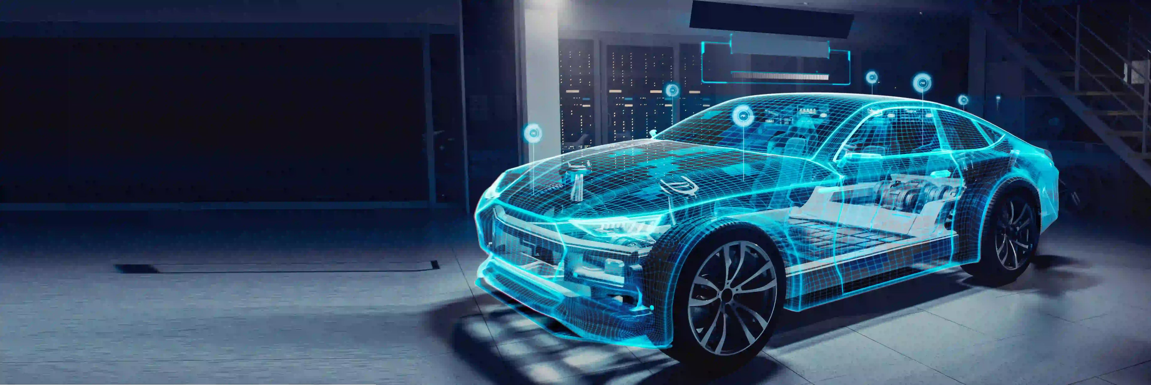 Digital blueprint of a car highlighting vehicle parts search assistance – PartsPrime

