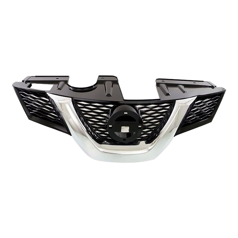 2014-2016 Nissan Rogue Grille Painted Black With Chrome Moulding With Camera Hole – Front View (NI1200259)