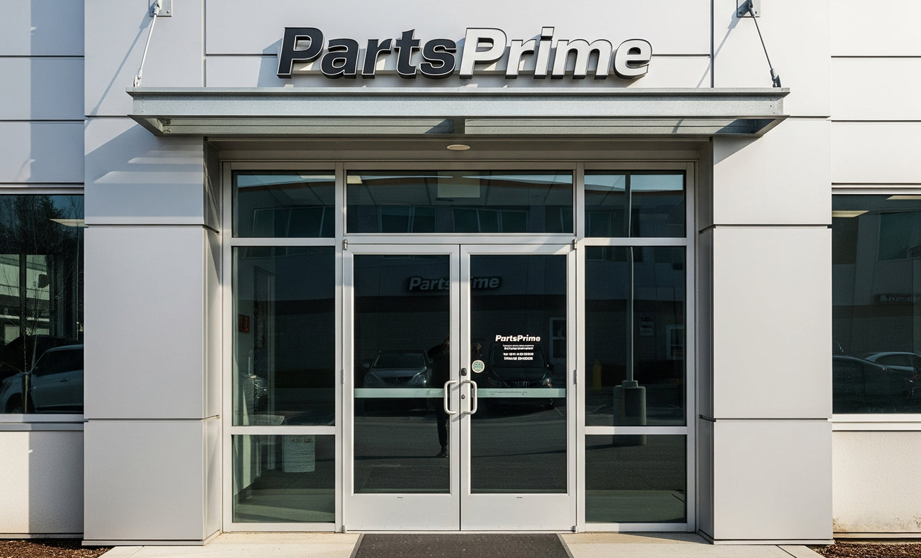 Main entrance of the PartsPrime company headquarters with glass double doors and logo signage

