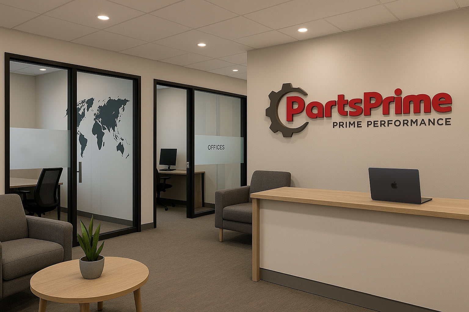 Reception area of the PartsPrime office with front desk, seating area, and company logo on the wall