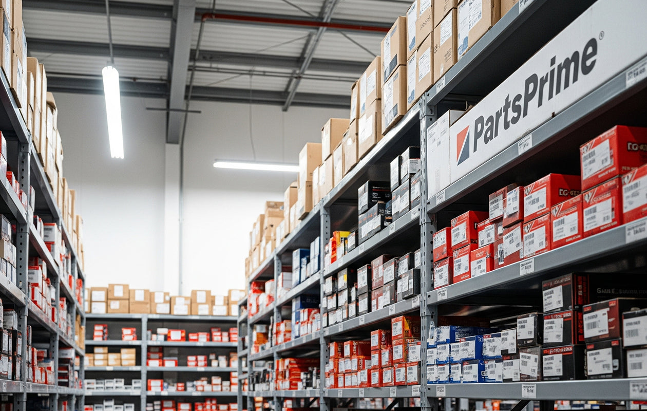 PartsPrime auto parts warehouse interior with shelves of stocked automotive parts