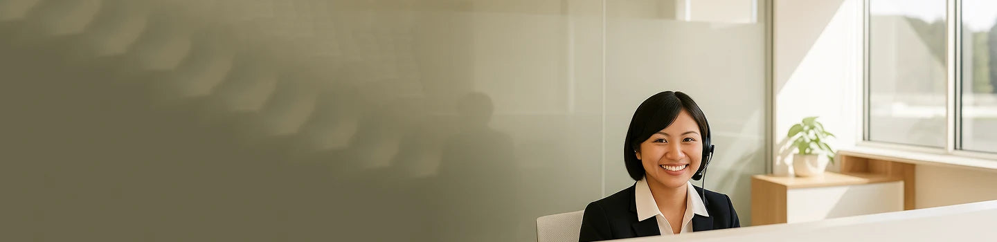 Customer support representative smiling at a desk in a bright office.