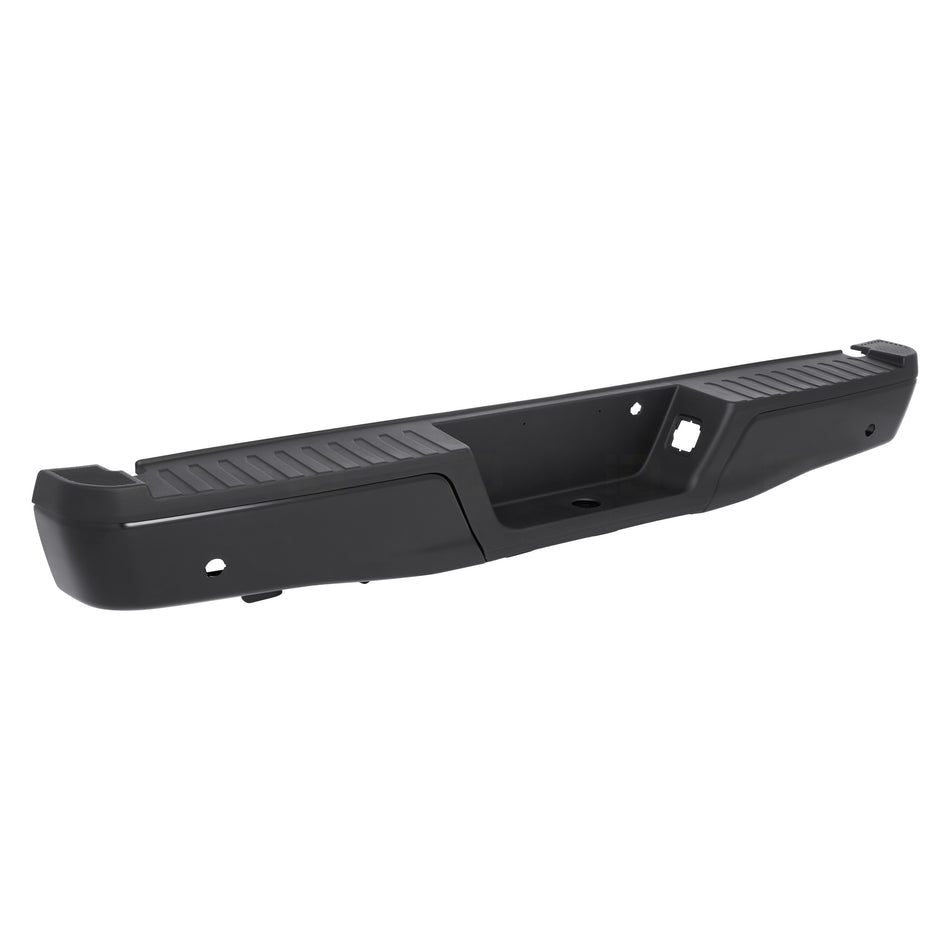 2015-2020 Ford F-150 Rear Bumper Assembly Black with Black Step Pad, Sensor Compatible, Without Tow Package, FO1103194, angled view on white background.