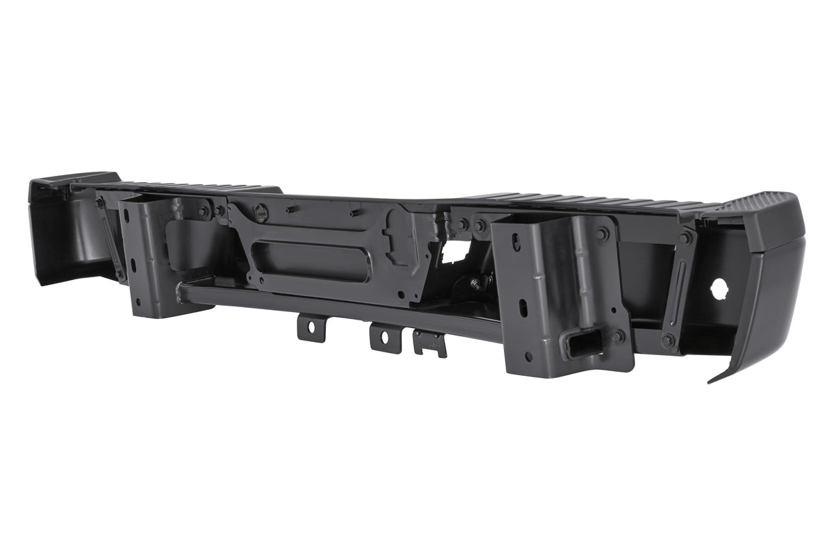2015-2020 Ford F-150 Rear Bumper Assembly Black with Black Step Pad, Sensor Compatible, Without Tow Package, FO1103194, rear mounting side view on white background.