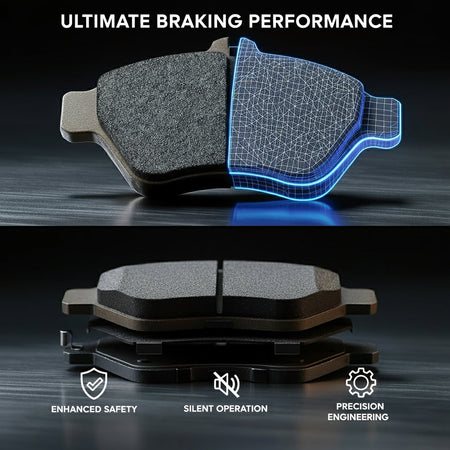 Close-up of front brake pads showing precision engineering, quiet performance, and smooth operation for 2016-2020 Audi A4 Front Brake Set Brake Pad And Rotor.