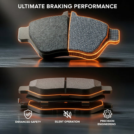 Close-up of rear brake pads showing smooth engagement, low dust output, and consistent braking for 1995-1997 Mazda Protege Rear Brake Set Brake Pad And Rotor.