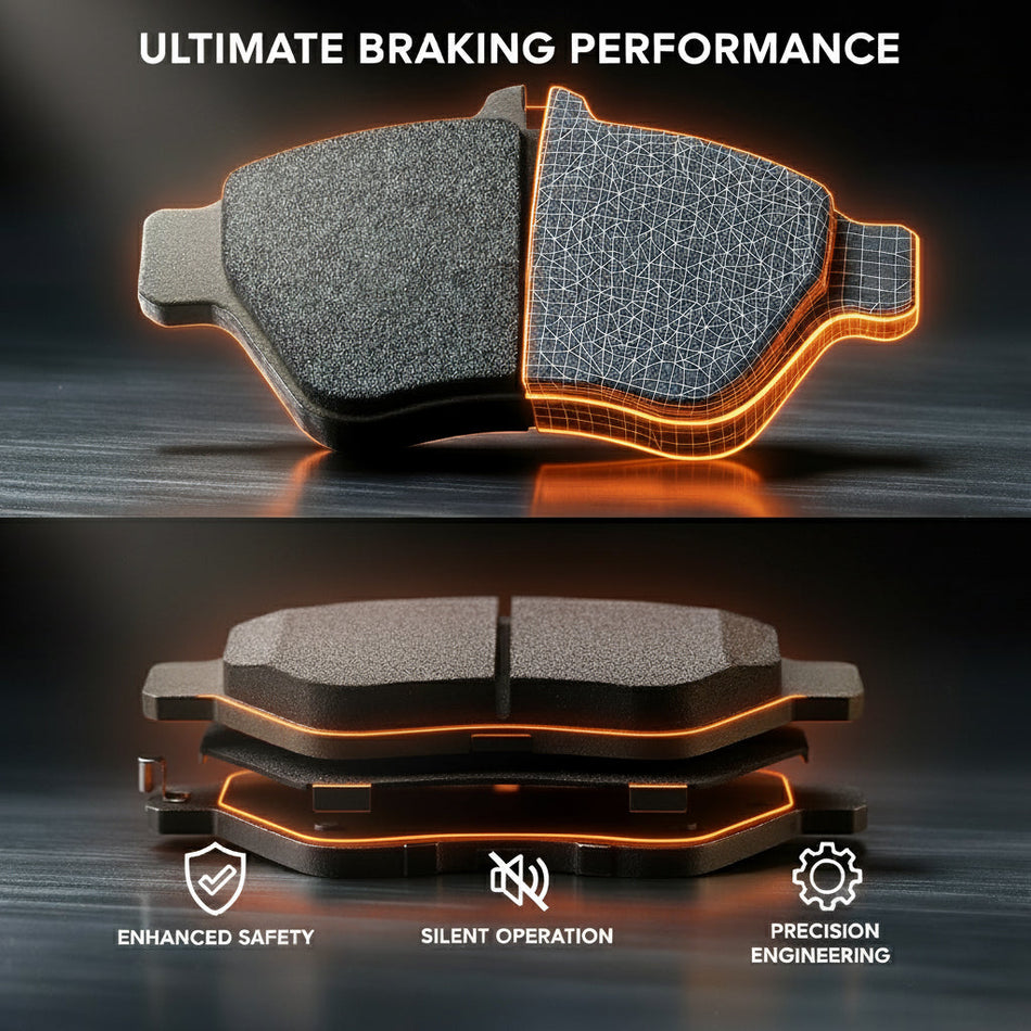 Close-up of rear brake pads showing smooth engagement, low dust output, and consistent braking for 2022-2023 Mercedes C300 Convertible Rear Brake Set Brake Pad And Rotor.